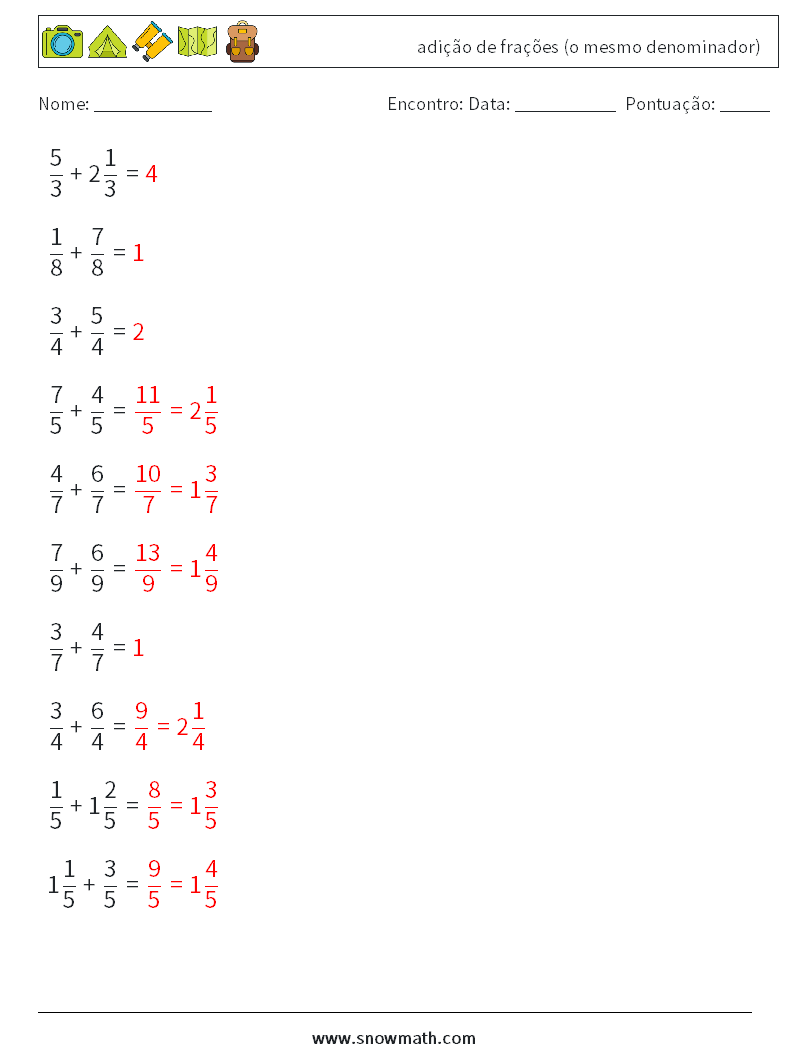 (10) adição de frações (o mesmo denominador) planilhas matemáticas 16 Pergunta, Resposta