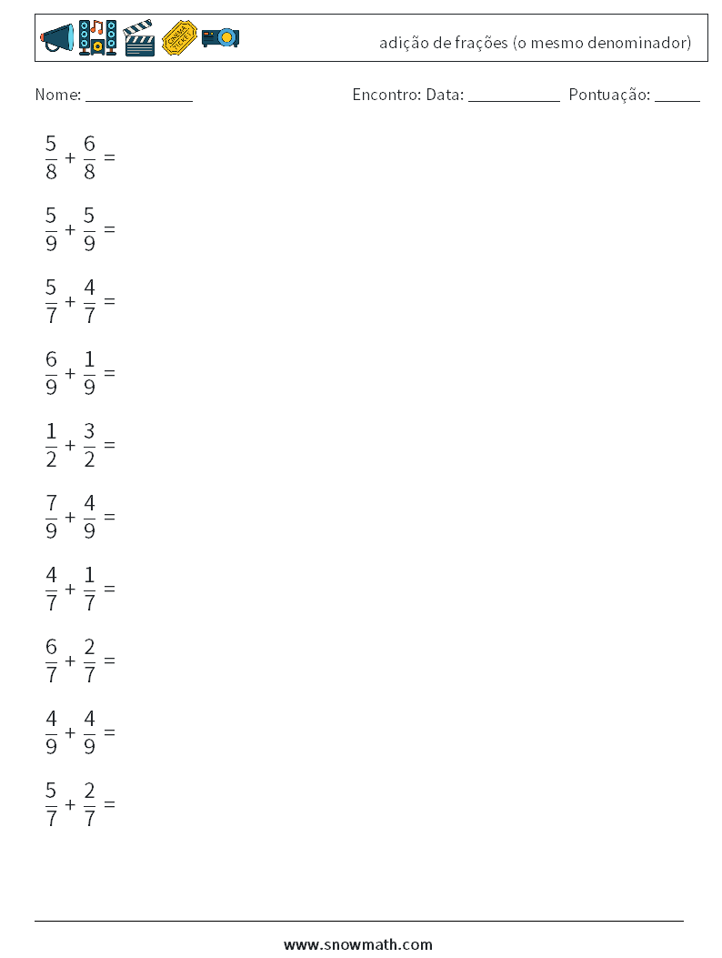 (10) adição de frações (o mesmo denominador) planilhas matemáticas 17