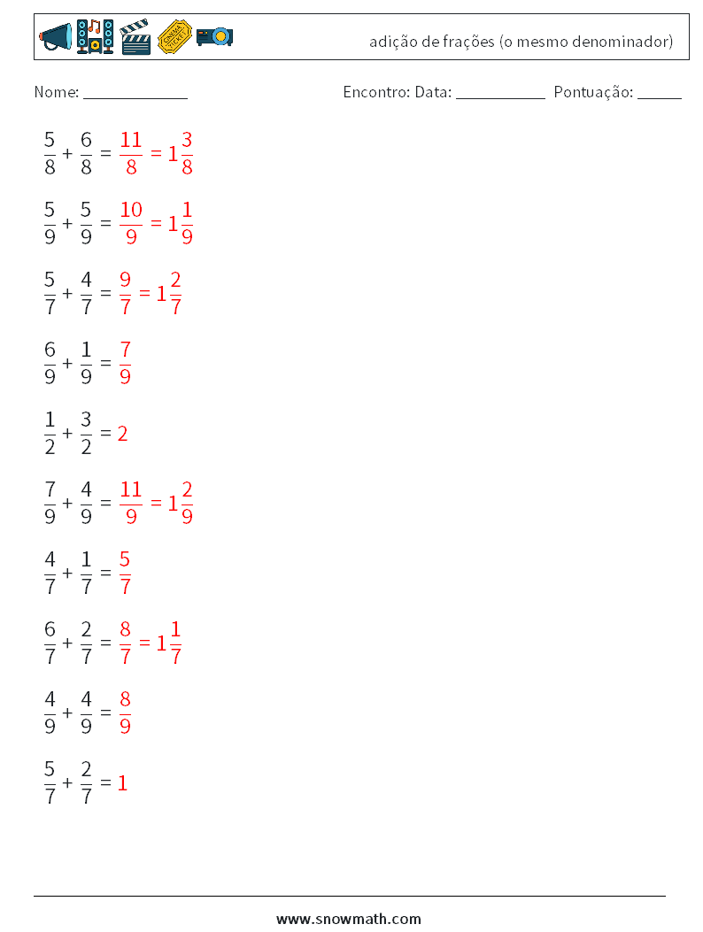 (10) adição de frações (o mesmo denominador) planilhas matemáticas 17 Pergunta, Resposta