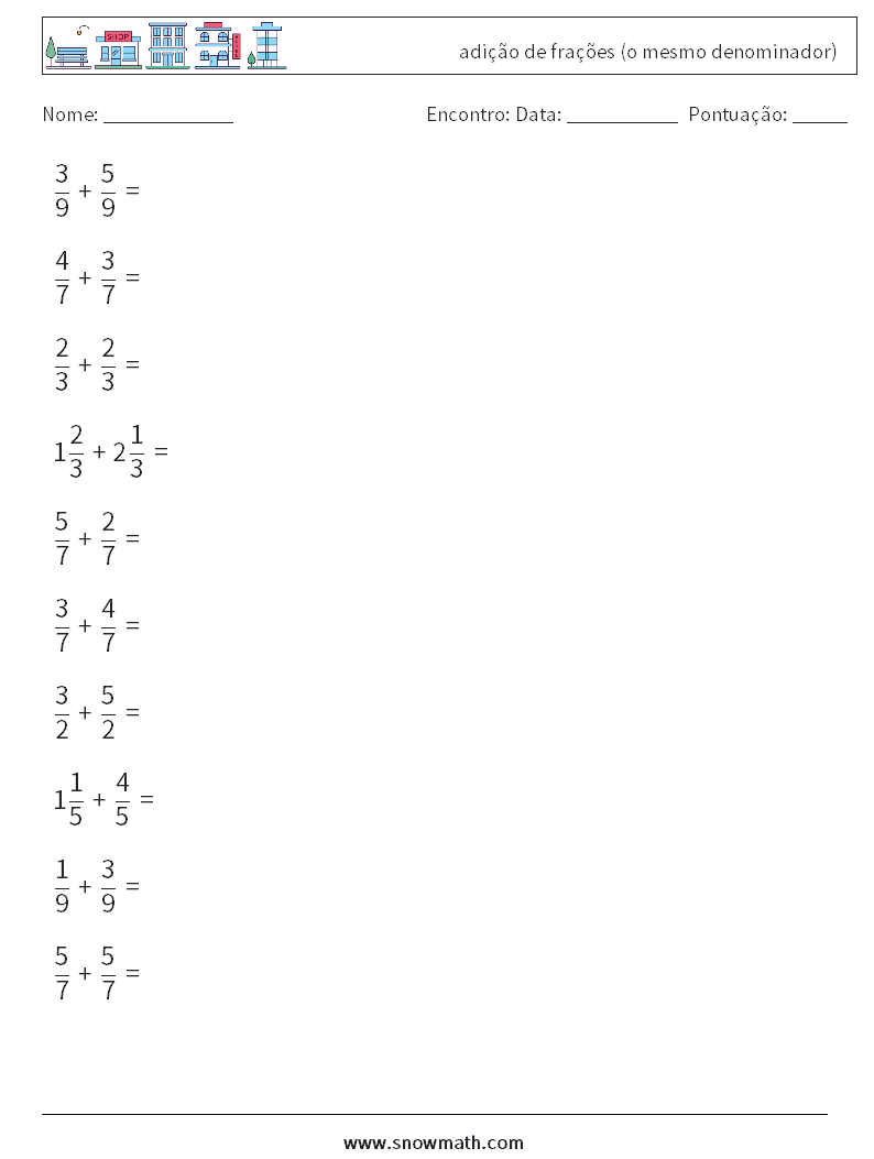(10) adição de frações (o mesmo denominador) planilhas matemáticas 18