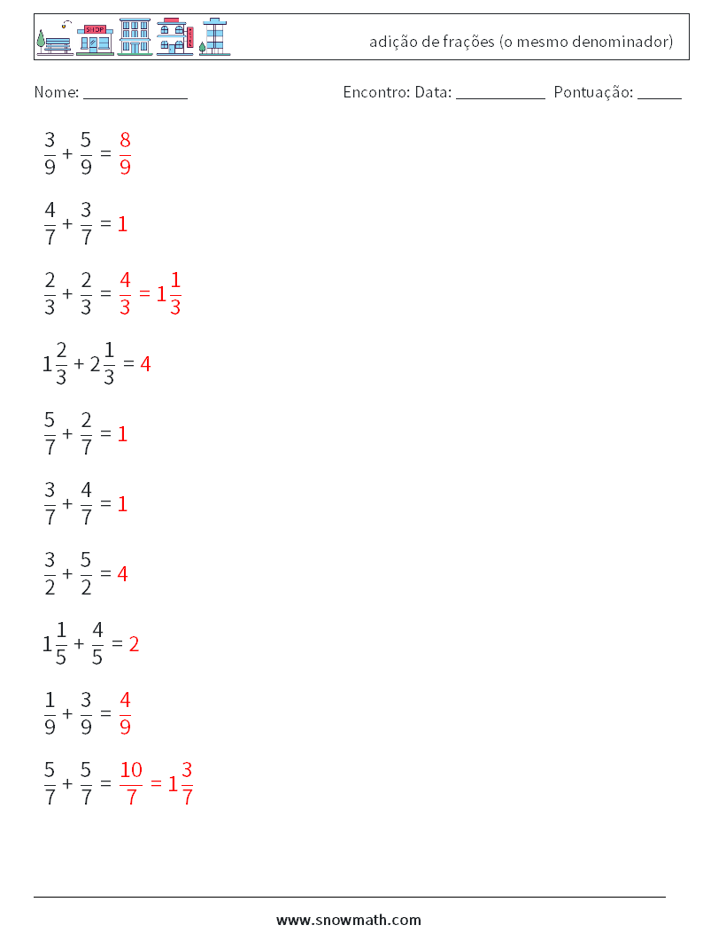 (10) adição de frações (o mesmo denominador) planilhas matemáticas 18 Pergunta, Resposta