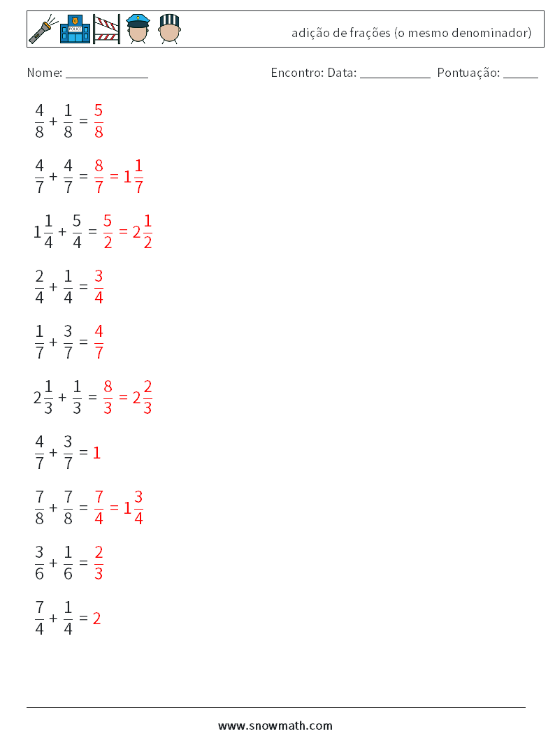 (10) adição de frações (o mesmo denominador) planilhas matemáticas 1 Pergunta, Resposta