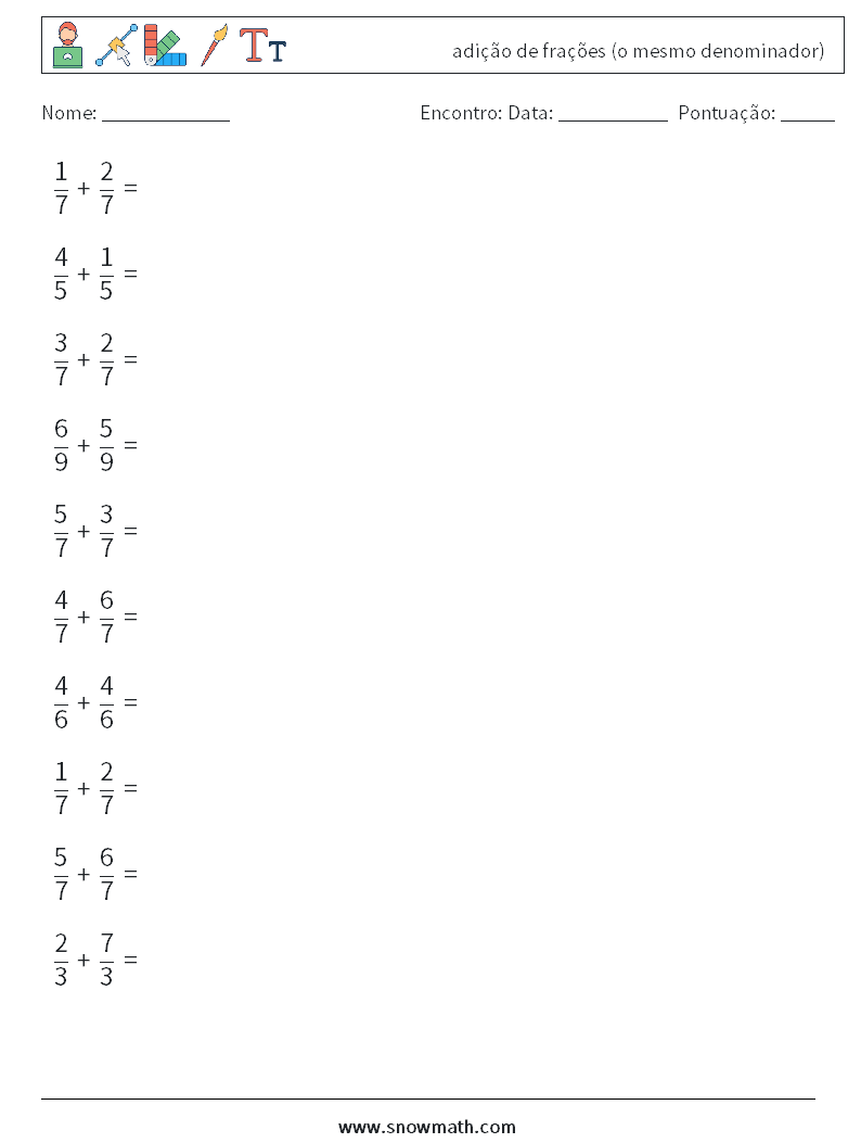 (10) adição de frações (o mesmo denominador) planilhas matemáticas 2