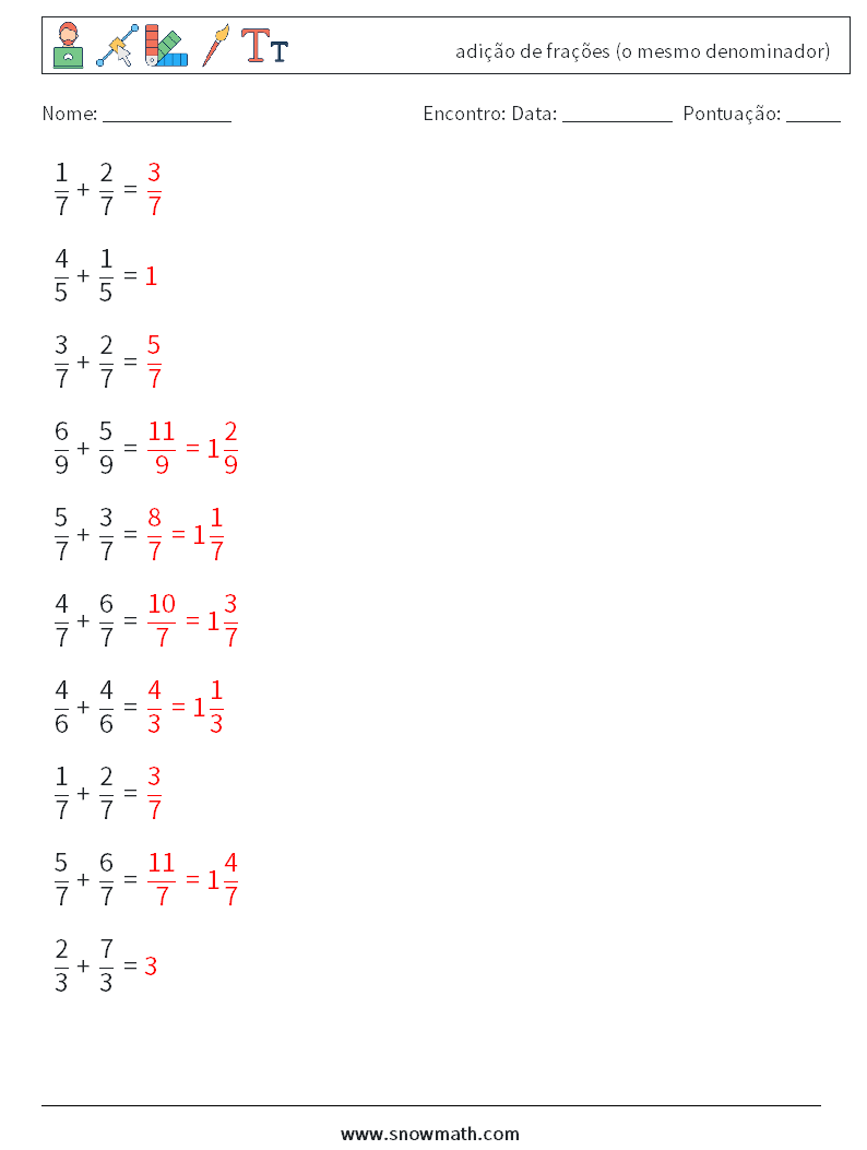 (10) adição de frações (o mesmo denominador) planilhas matemáticas 2 Pergunta, Resposta