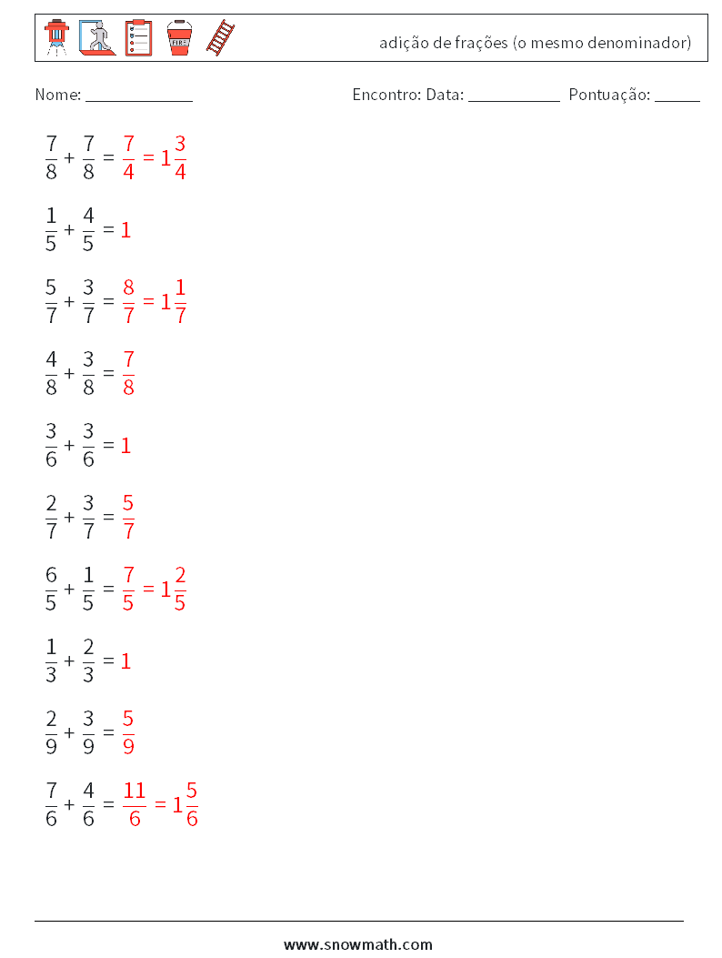 (10) adição de frações (o mesmo denominador) planilhas matemáticas 3 Pergunta, Resposta