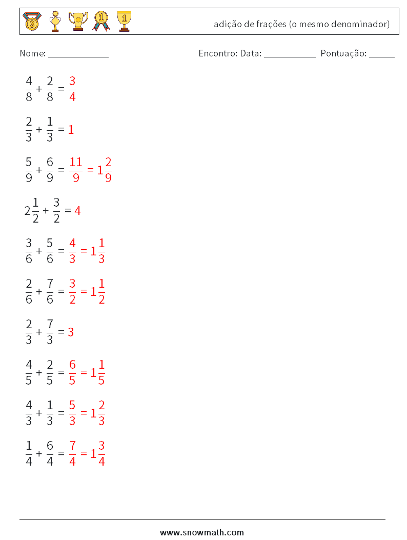 (10) adição de frações (o mesmo denominador) planilhas matemáticas 4 Pergunta, Resposta