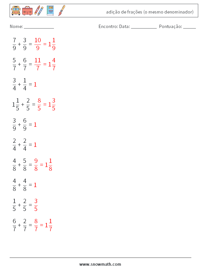 (10) adição de frações (o mesmo denominador) planilhas matemáticas 5 Pergunta, Resposta