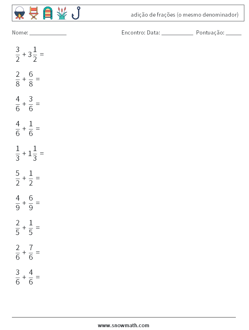(10) adição de frações (o mesmo denominador) planilhas matemáticas 6