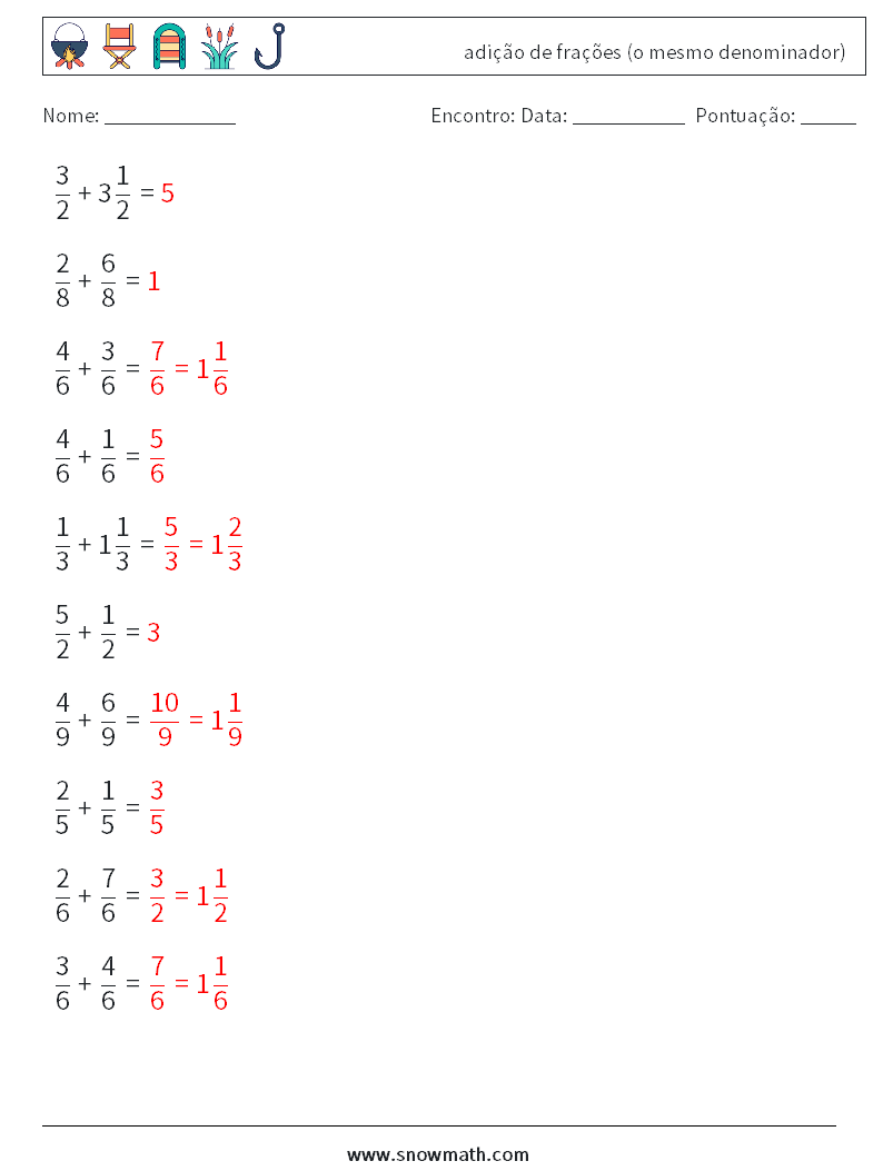 (10) adição de frações (o mesmo denominador) planilhas matemáticas 6 Pergunta, Resposta