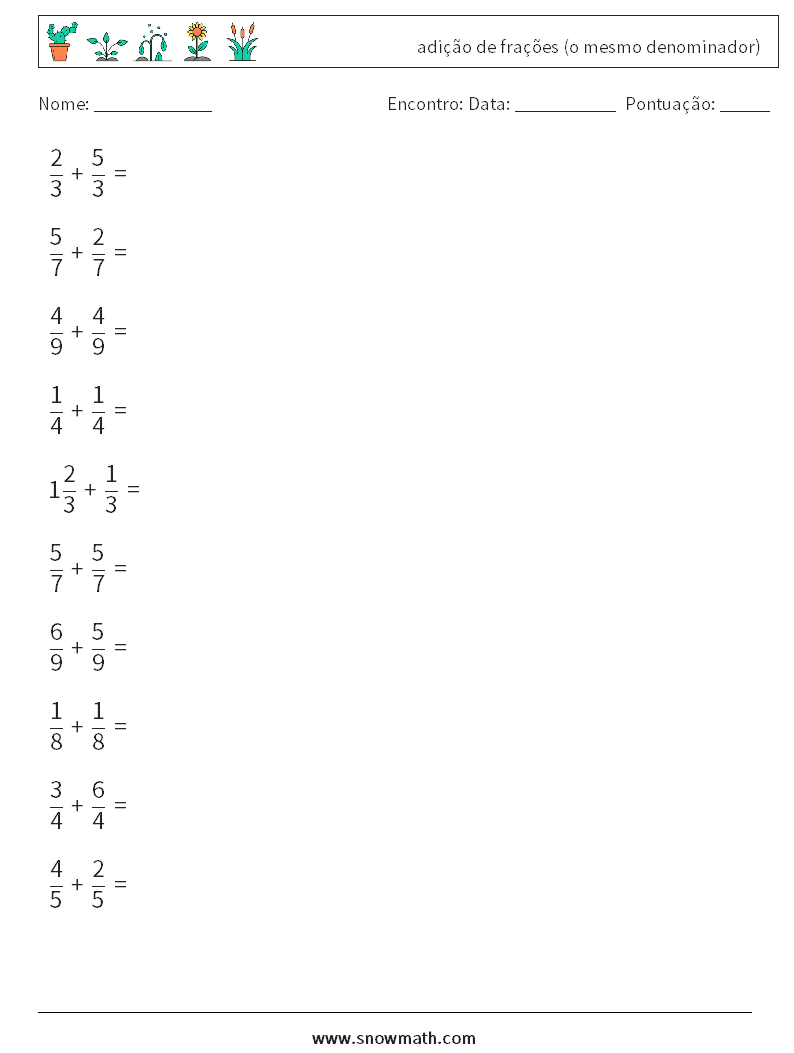 (10) adição de frações (o mesmo denominador) planilhas matemáticas 7