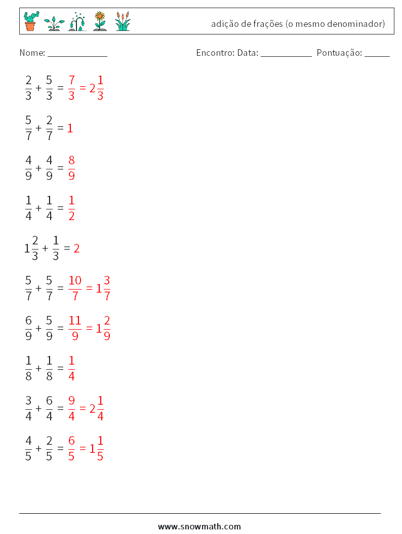 (10) adição de frações (o mesmo denominador) planilhas matemáticas 7 Pergunta, Resposta