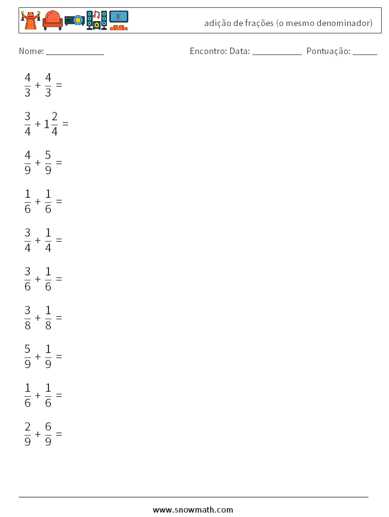(10) adição de frações (o mesmo denominador) planilhas matemáticas 8