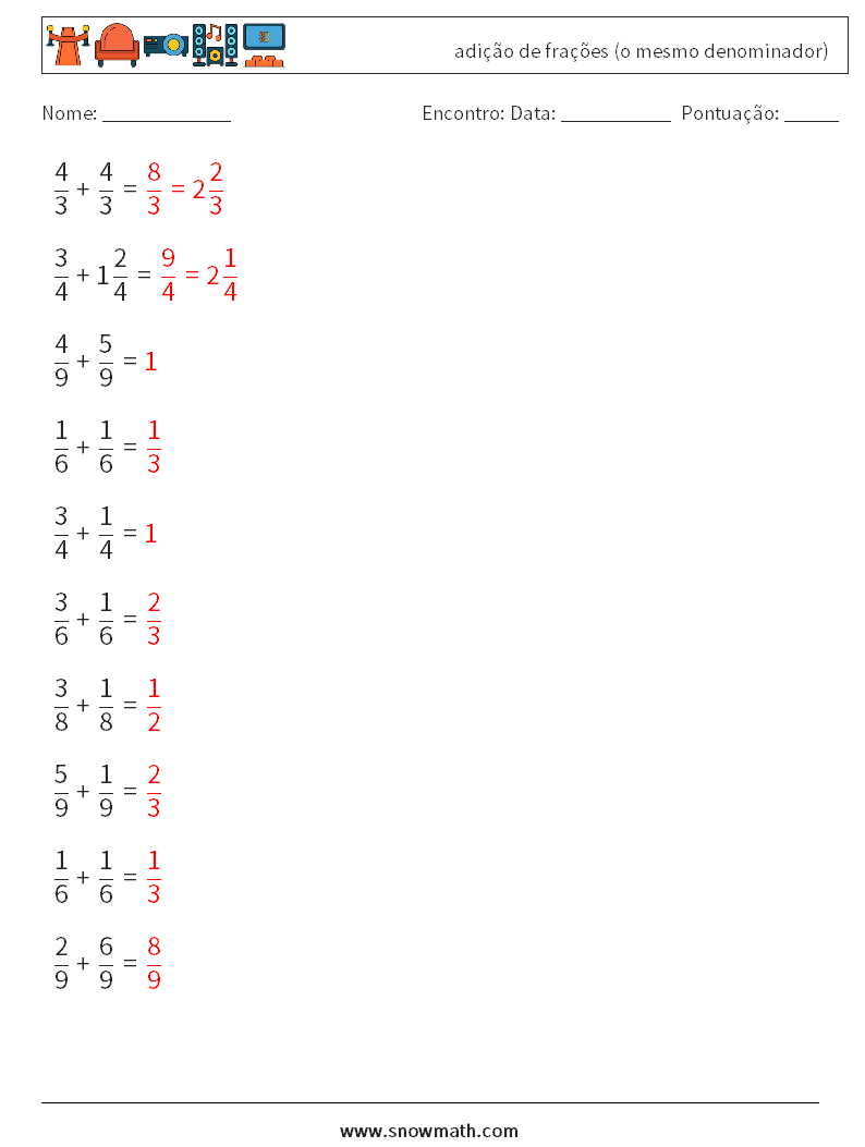 (10) adição de frações (o mesmo denominador) planilhas matemáticas 8 Pergunta, Resposta