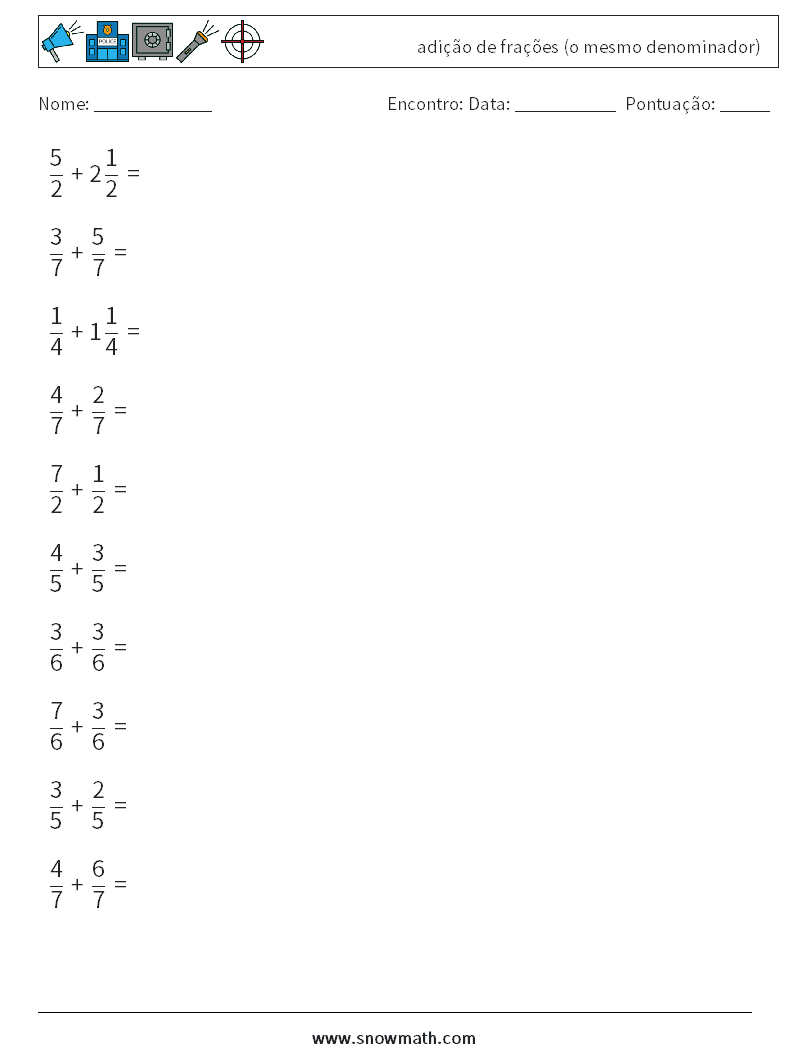 (10) adição de frações (o mesmo denominador) planilhas matemáticas 9