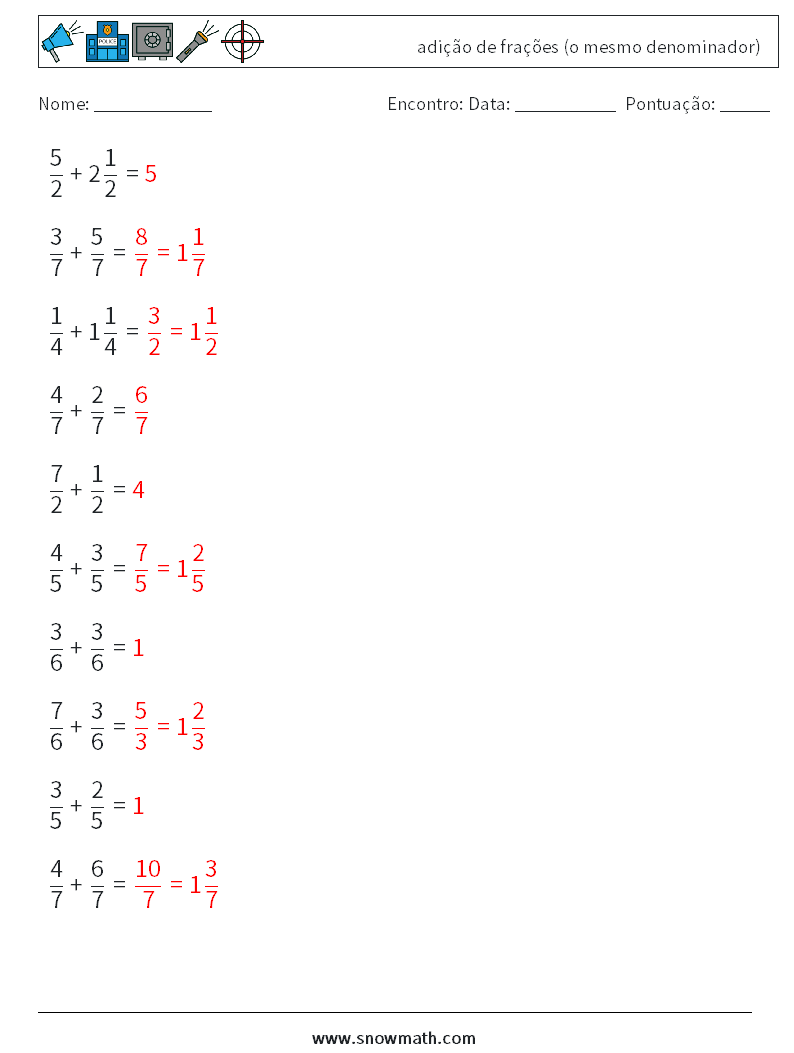 (10) adição de frações (o mesmo denominador) planilhas matemáticas 9 Pergunta, Resposta
