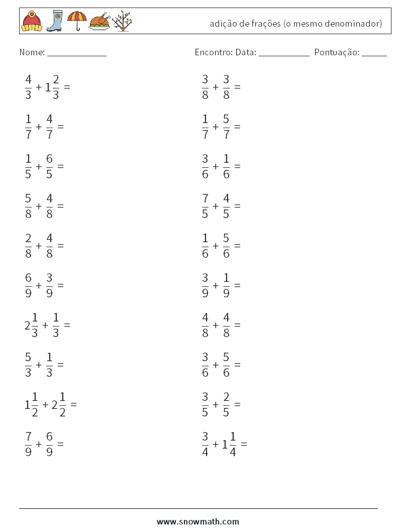 (20) adição de frações (o mesmo denominador) planilhas matemáticas 1