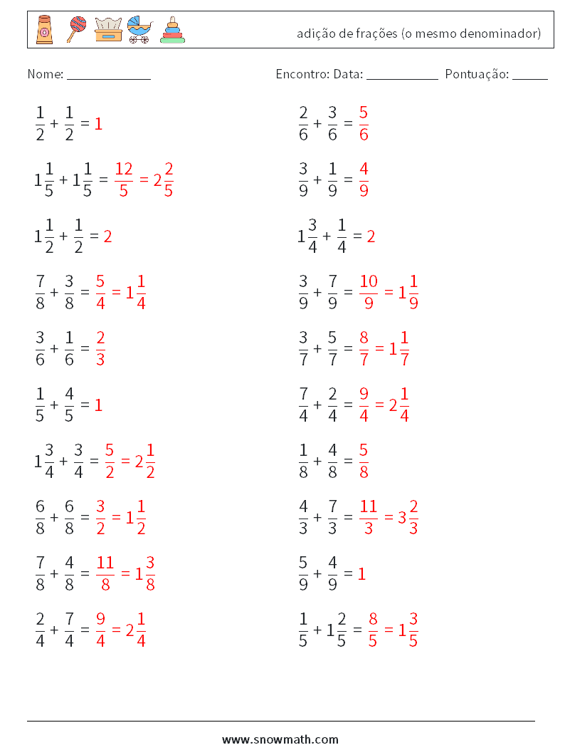 (20) adição de frações (o mesmo denominador) planilhas matemáticas 10 Pergunta, Resposta