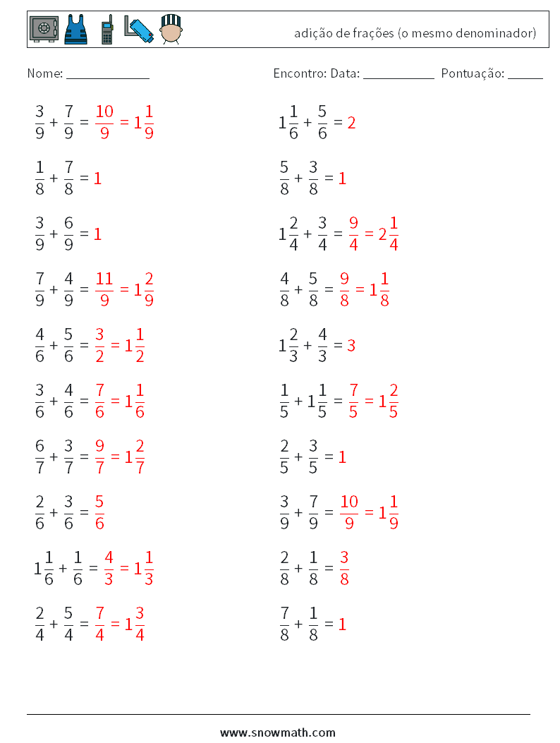 (20) adição de frações (o mesmo denominador) planilhas matemáticas 11 Pergunta, Resposta