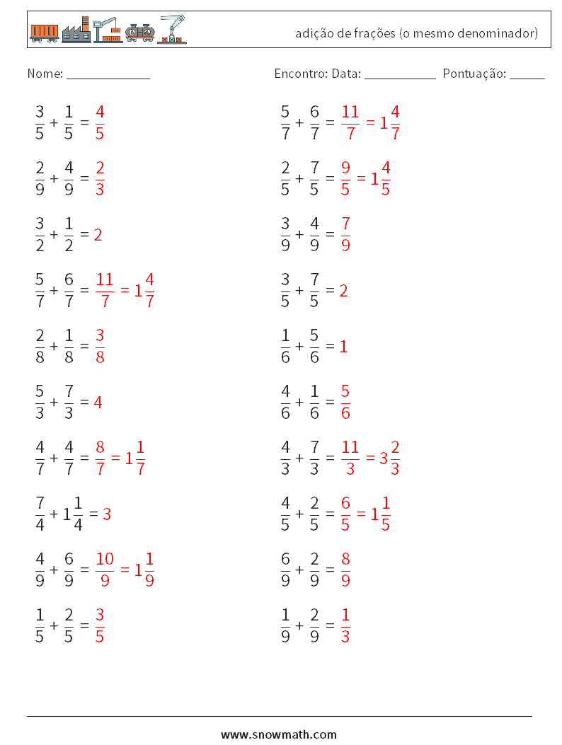 (20) adição de frações (o mesmo denominador) planilhas matemáticas 12 Pergunta, Resposta