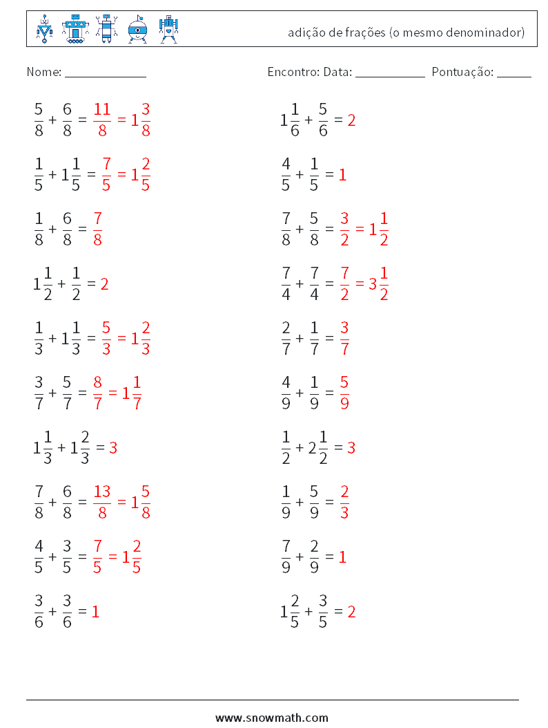 (20) adição de frações (o mesmo denominador) planilhas matemáticas 13 Pergunta, Resposta