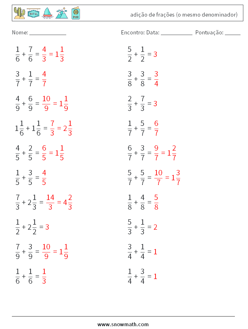 (20) adição de frações (o mesmo denominador) planilhas matemáticas 14 Pergunta, Resposta