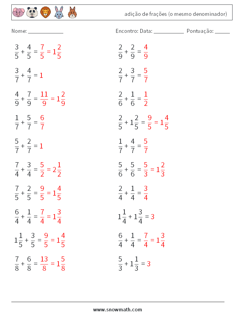 (20) adição de frações (o mesmo denominador) planilhas matemáticas 15 Pergunta, Resposta