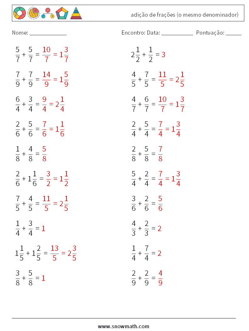(20) adição de frações (o mesmo denominador) planilhas matemáticas 16 Pergunta, Resposta