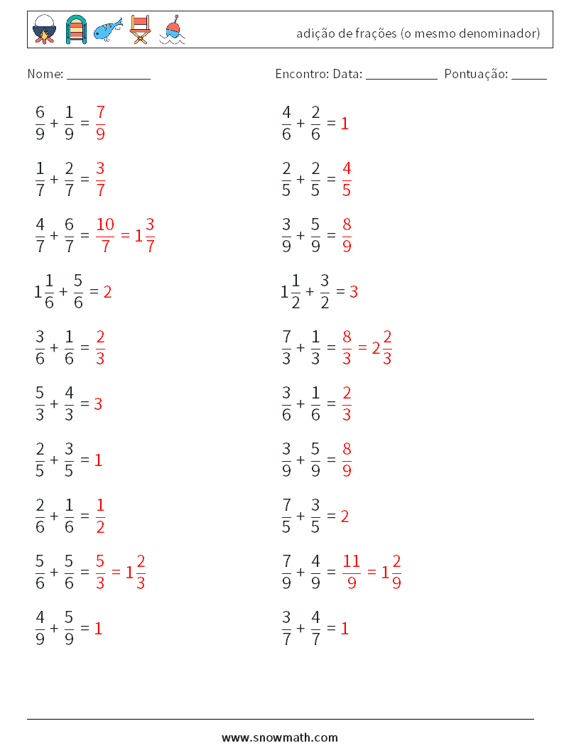 (20) adição de frações (o mesmo denominador) planilhas matemáticas 17 Pergunta, Resposta