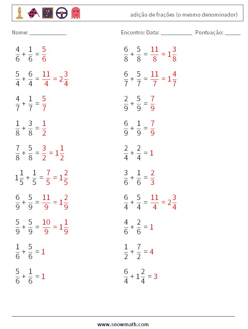 (20) adição de frações (o mesmo denominador) planilhas matemáticas 18 Pergunta, Resposta