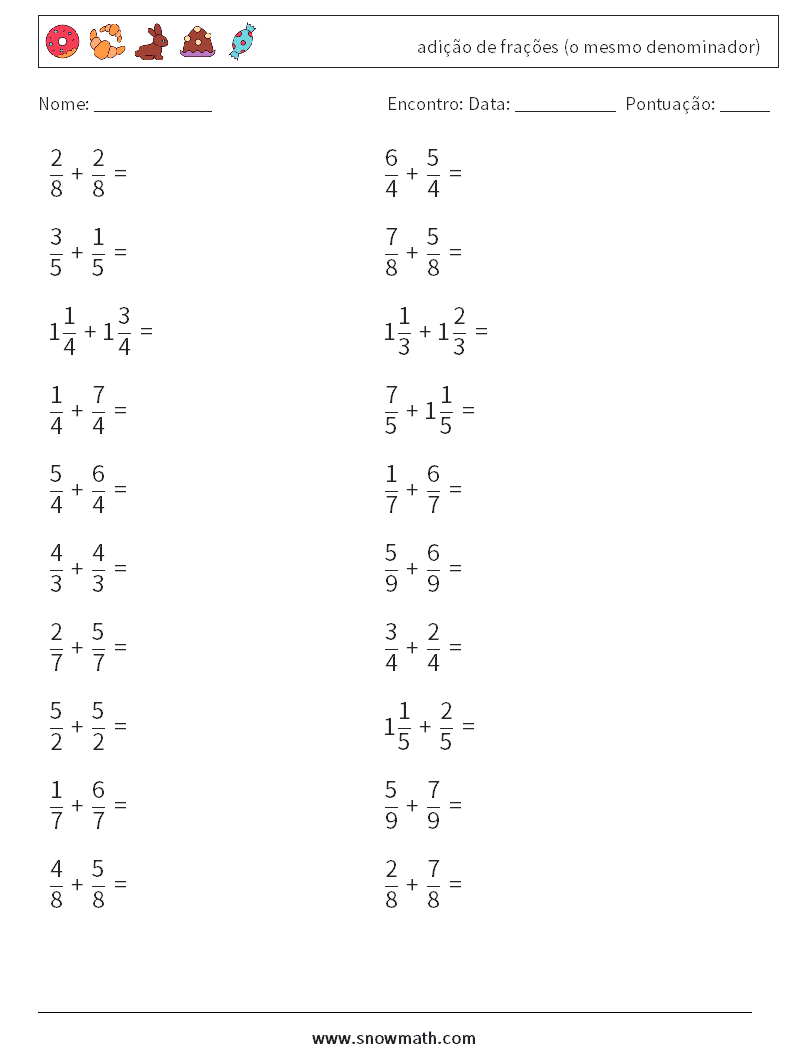(20) adição de frações (o mesmo denominador) planilhas matemáticas 3
