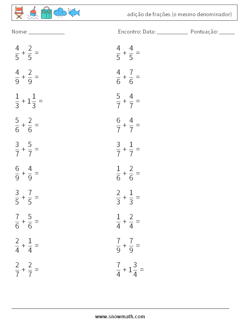 (20) adição de frações (o mesmo denominador) planilhas matemáticas 4