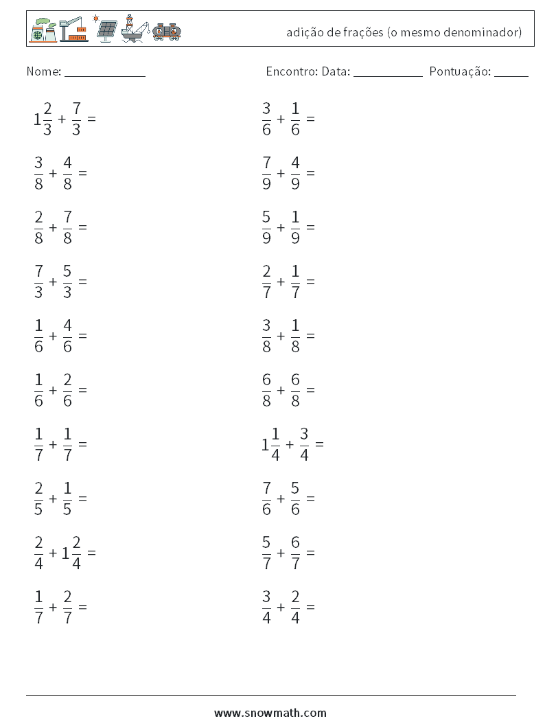 (20) adição de frações (o mesmo denominador) planilhas matemáticas 5