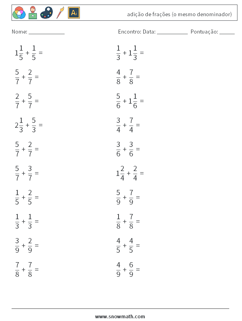 (20) adição de frações (o mesmo denominador) planilhas matemáticas 6