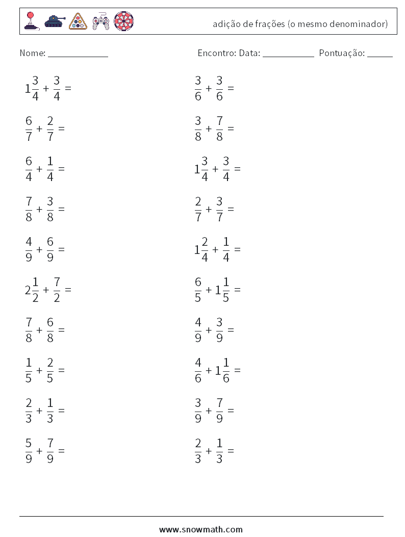 (20) adição de frações (o mesmo denominador) planilhas matemáticas 7
