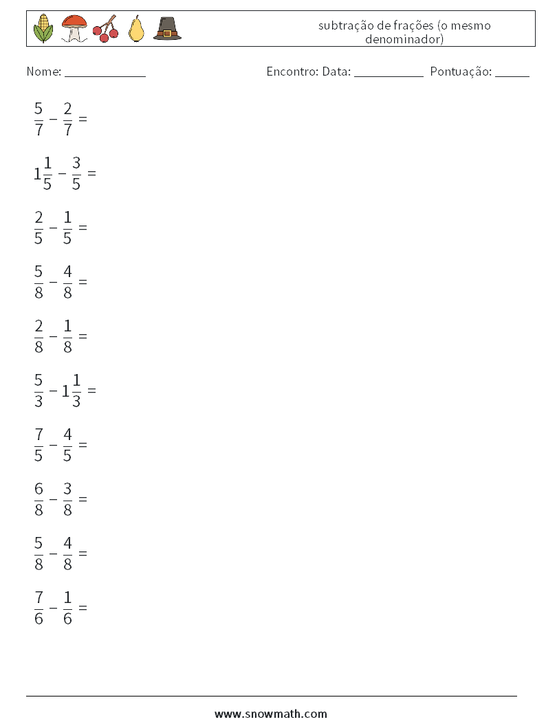 (10) subtração de frações (o mesmo denominador) planilhas matemáticas 1