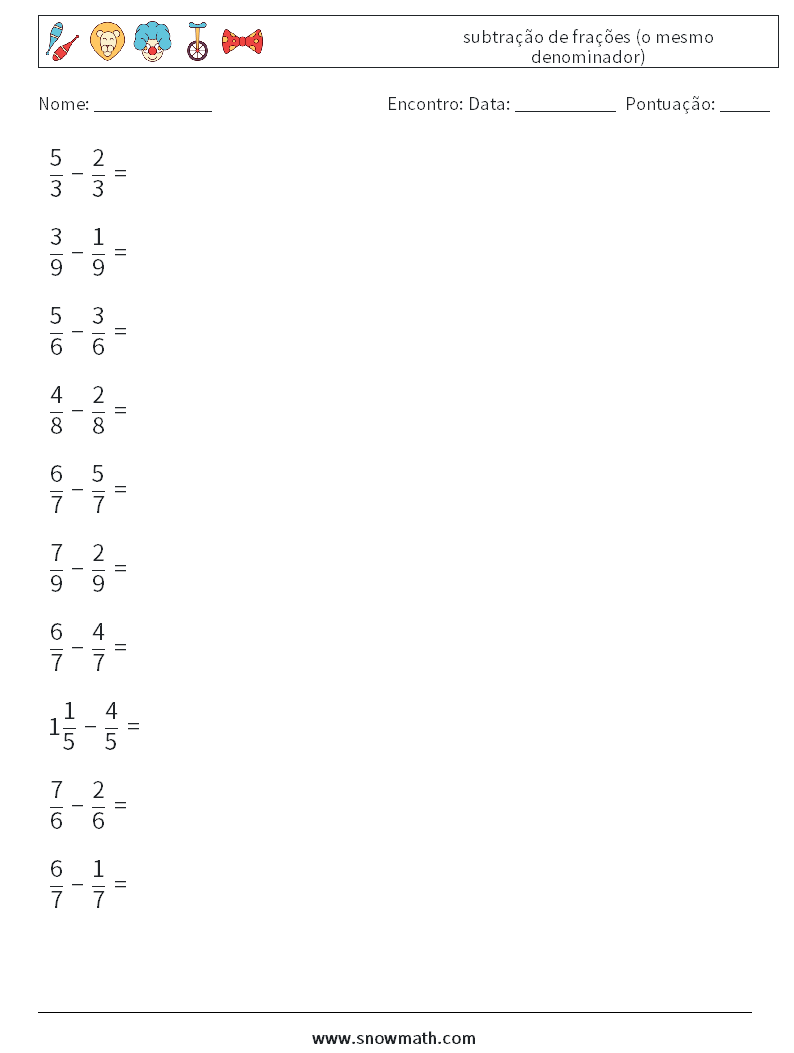 (10) subtração de frações (o mesmo denominador) planilhas matemáticas 10