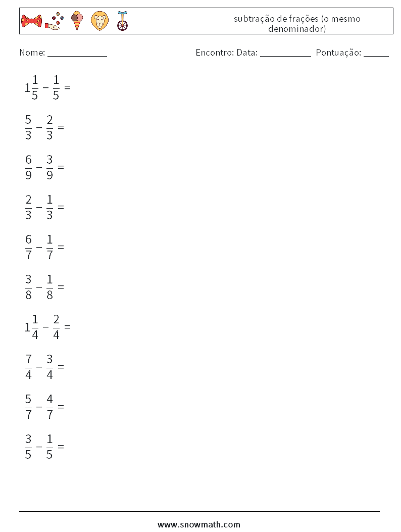(10) subtração de frações (o mesmo denominador) planilhas matemáticas 11