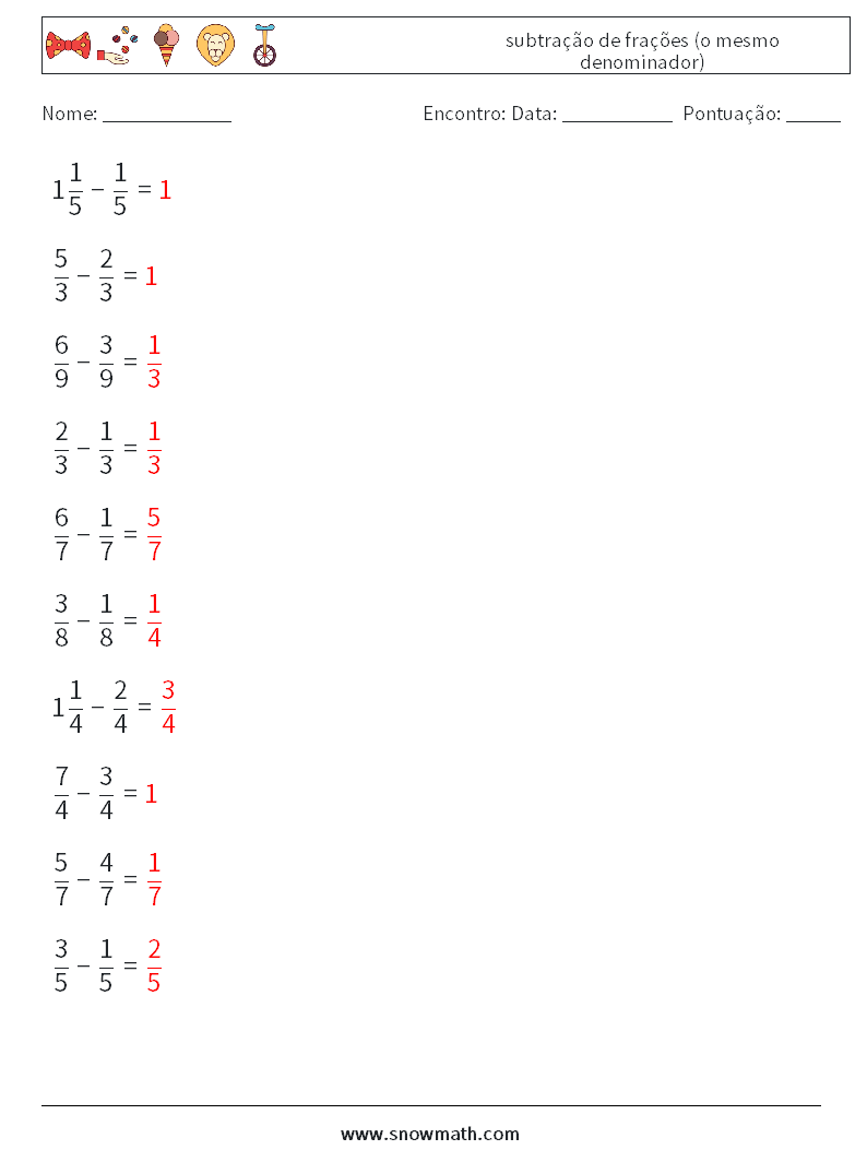 (10) subtração de frações (o mesmo denominador) planilhas matemáticas 11 Pergunta, Resposta