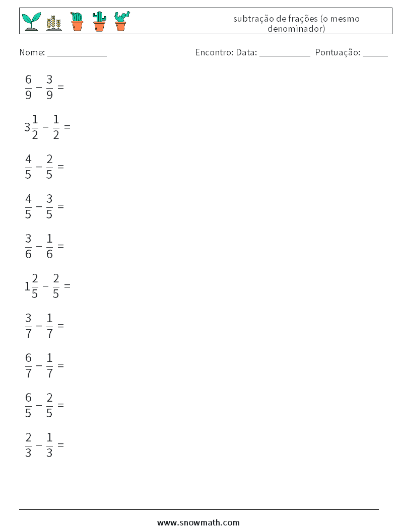 (10) subtração de frações (o mesmo denominador) planilhas matemáticas 12
