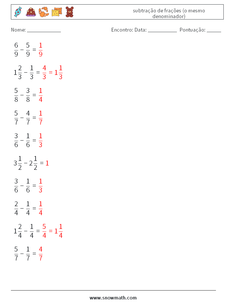 (10) subtração de frações (o mesmo denominador) planilhas matemáticas 14 Pergunta, Resposta