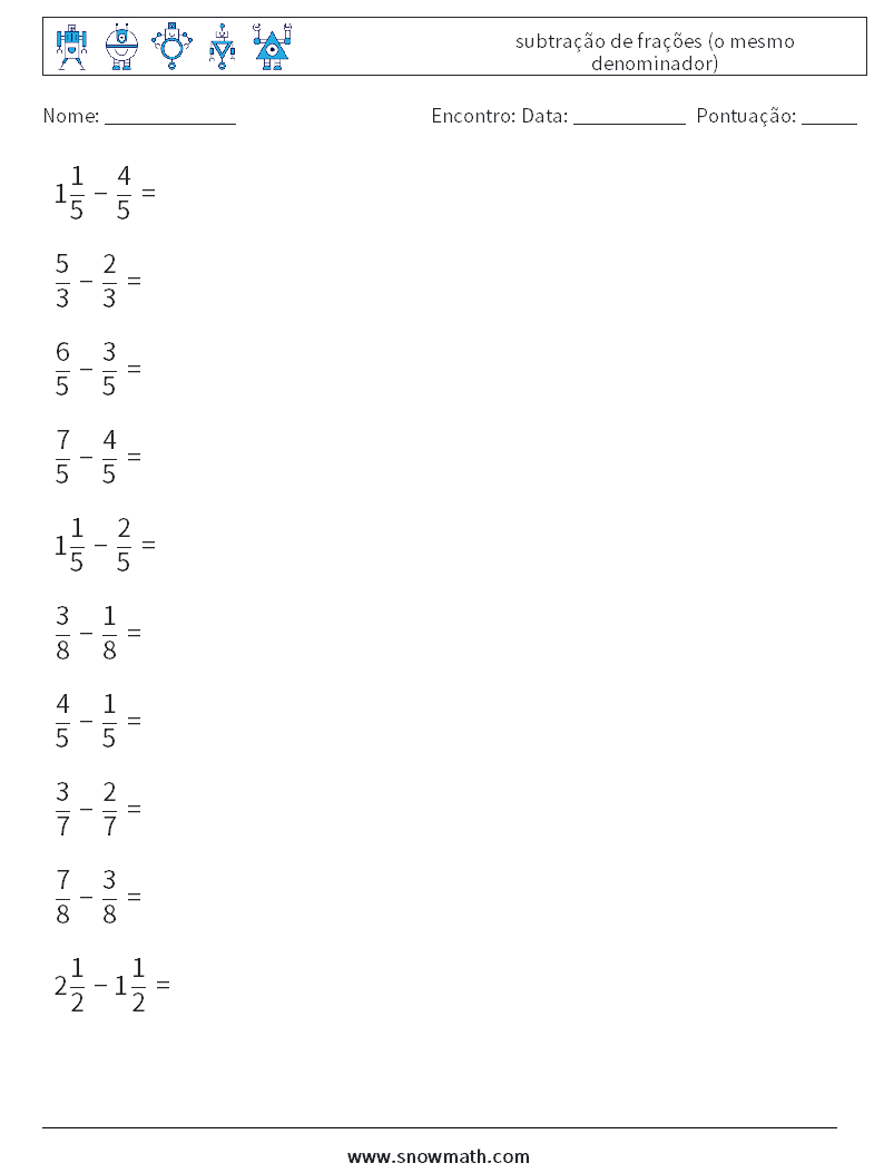 (10) subtração de frações (o mesmo denominador) planilhas matemáticas 18