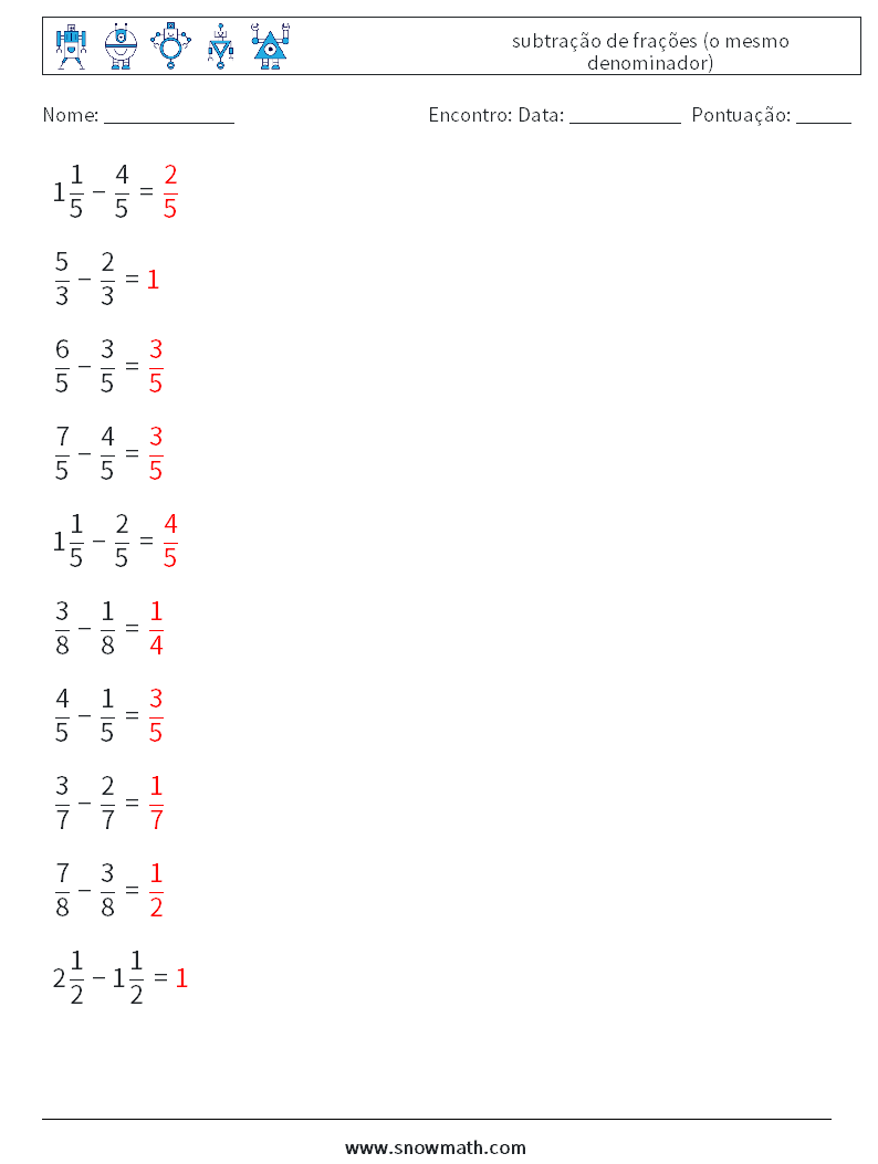 (10) subtração de frações (o mesmo denominador) planilhas matemáticas 18 Pergunta, Resposta