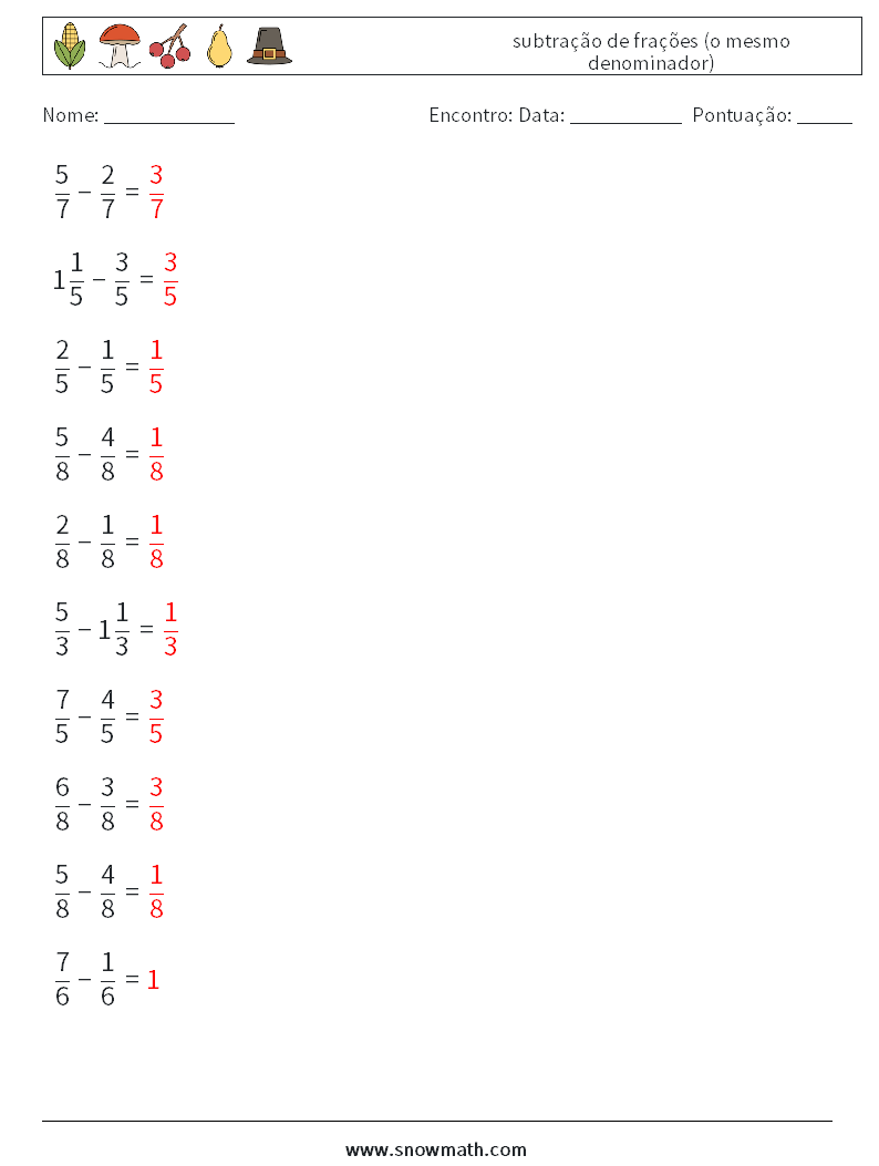 (10) subtração de frações (o mesmo denominador) planilhas matemáticas 1 Pergunta, Resposta