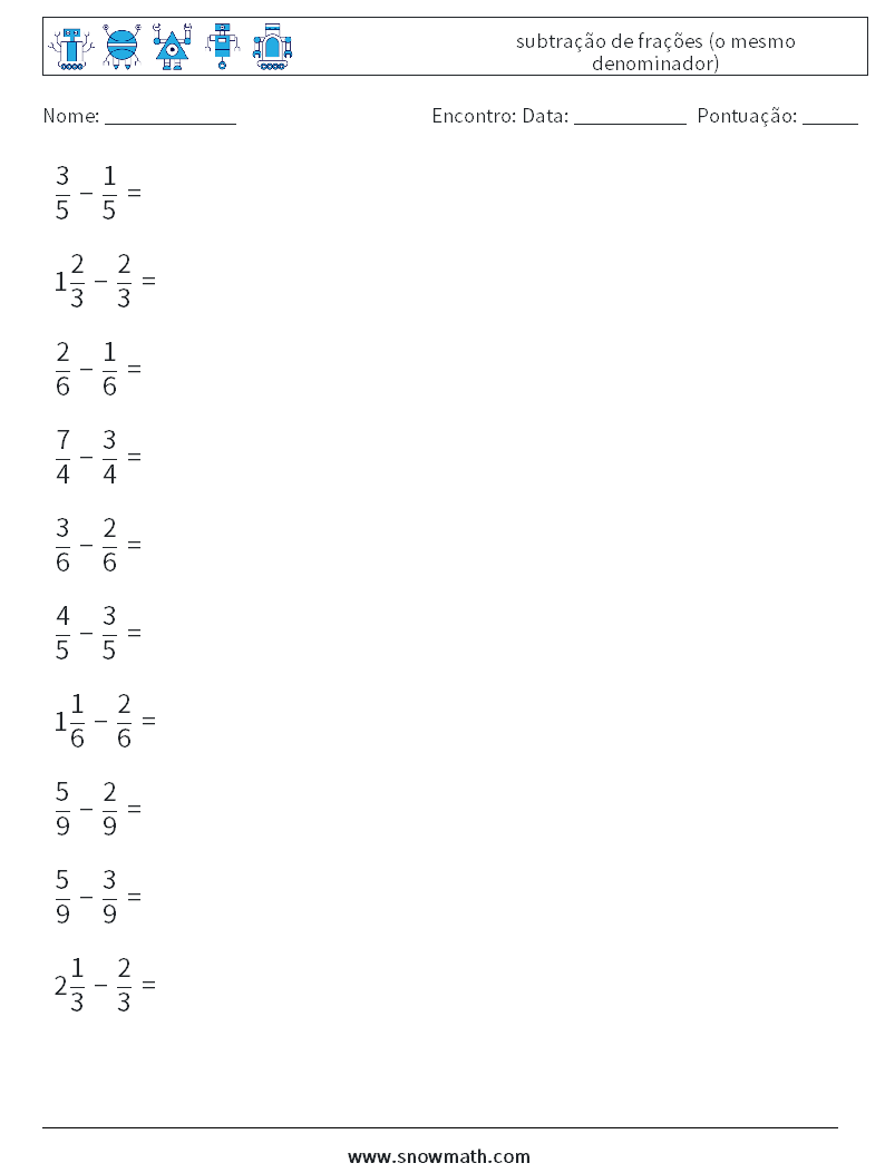 (10) subtração de frações (o mesmo denominador) planilhas matemáticas 3