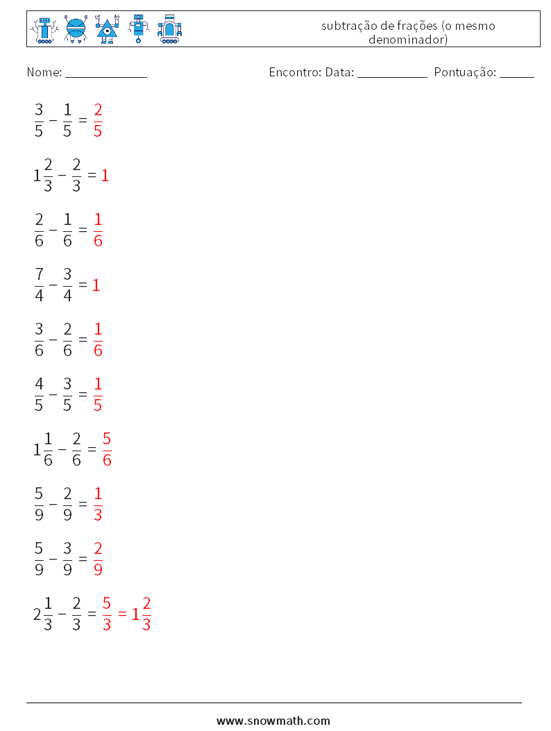 (10) subtração de frações (o mesmo denominador) planilhas matemáticas 3 Pergunta, Resposta