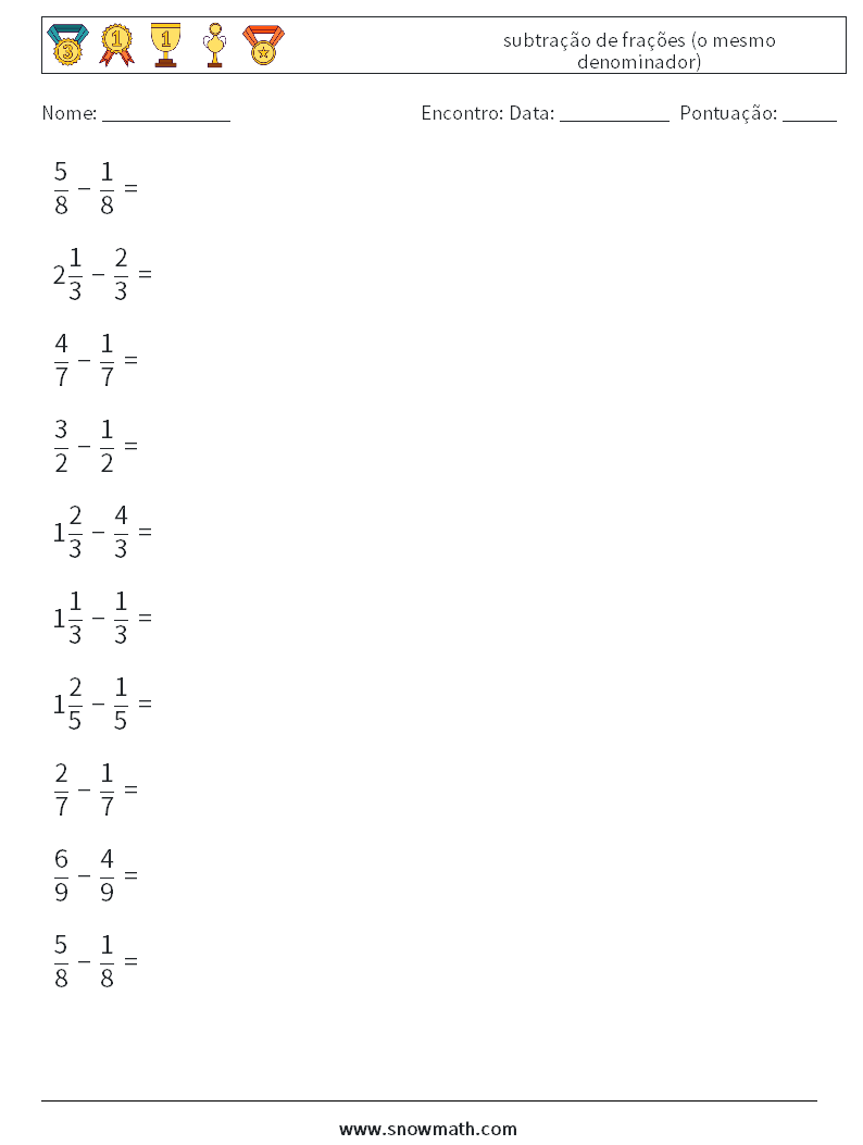 (10) subtração de frações (o mesmo denominador) planilhas matemáticas 4