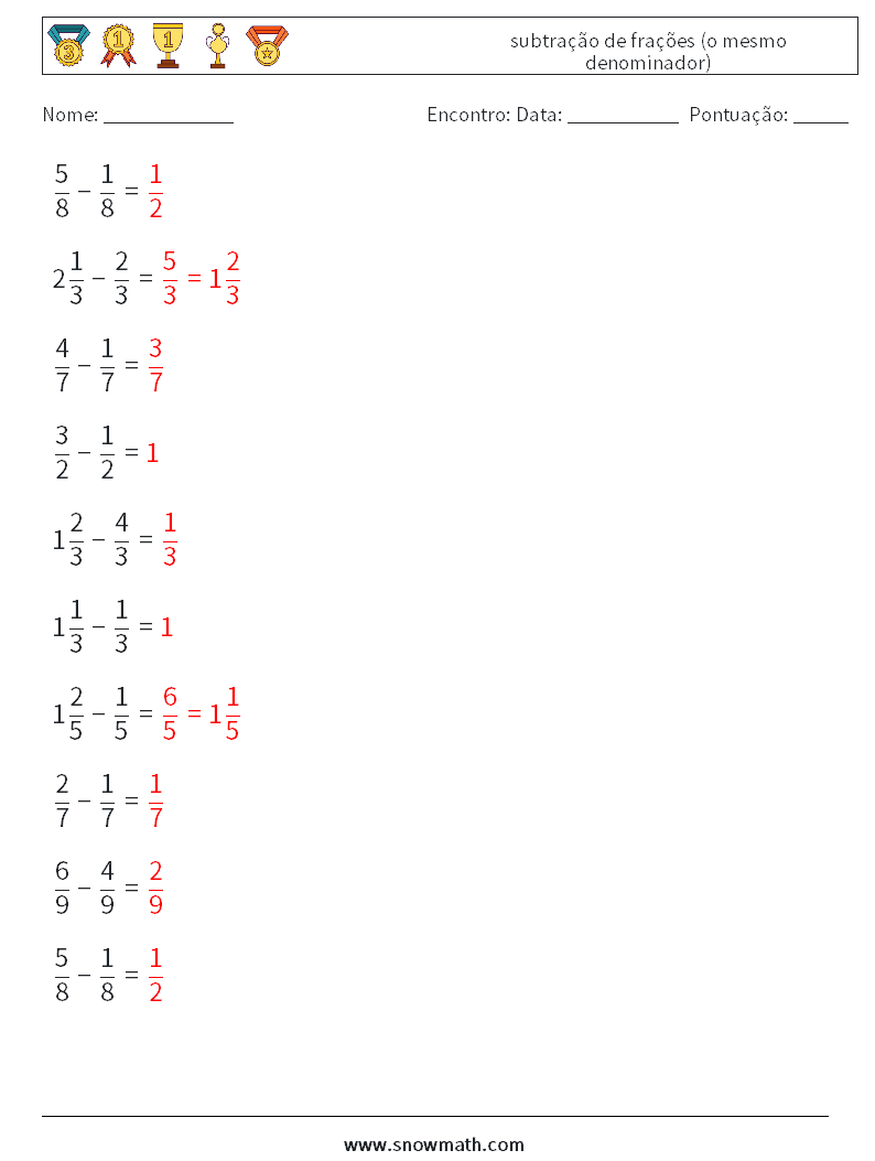 (10) subtração de frações (o mesmo denominador) planilhas matemáticas 4 Pergunta, Resposta