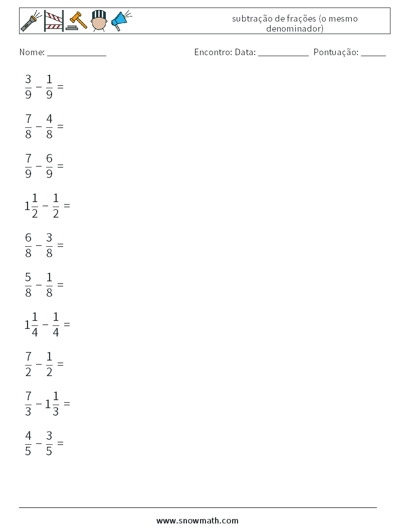 (10) subtração de frações (o mesmo denominador) planilhas matemáticas 5