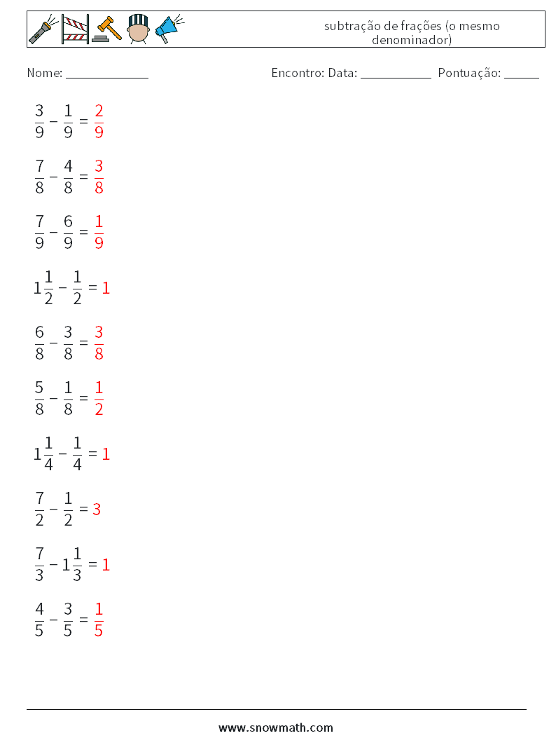 (10) subtração de frações (o mesmo denominador) planilhas matemáticas 5 Pergunta, Resposta