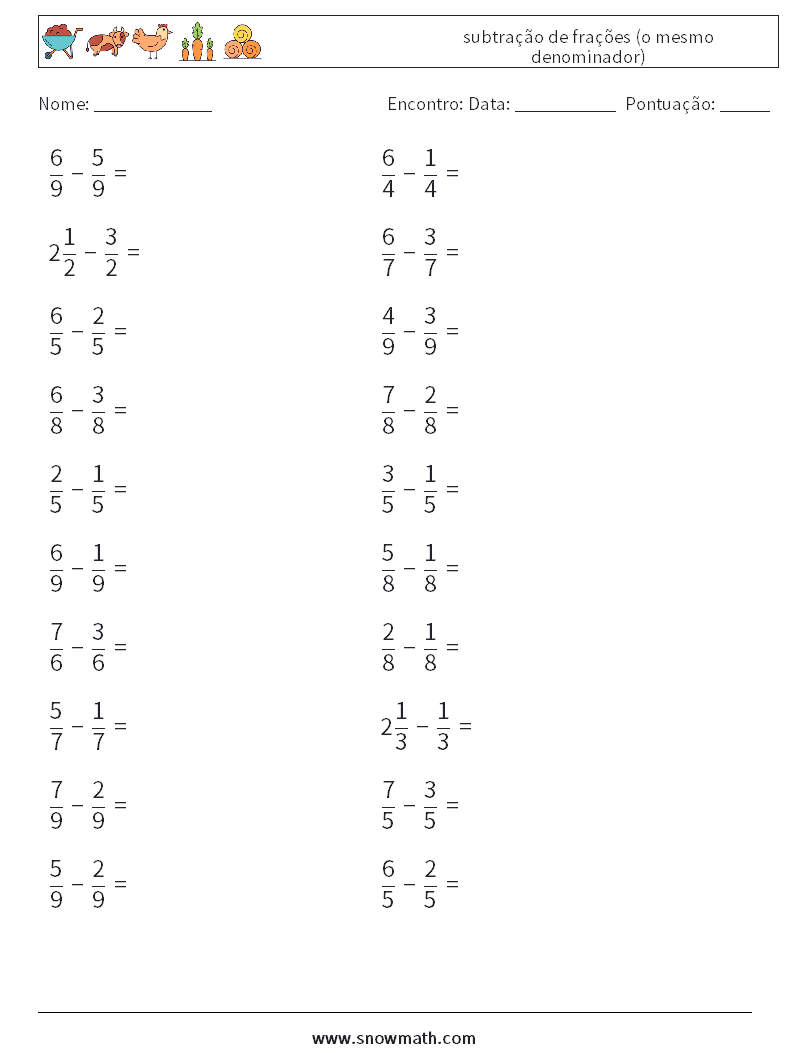 (20) subtração de frações (o mesmo denominador) planilhas matemáticas 1